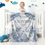 Gepersonaliseerde Retro stijl Ocean dieren zachte deken met naam Nusery Decor Verjaardag Baby Shower Kerstcadeau voor pasgeborenen kinderen