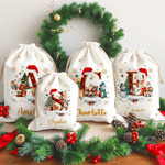 Personalised Santa Claus Snowman Christmas Hat Initial Canvas Drawstring Gift Bag with Name Christmas Eve Party Gift for Kids Family Friends
