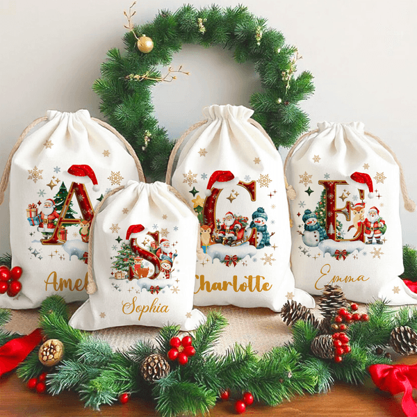 Personalised Santa Claus Snowman Christmas Hat Initial Canvas Drawstring Gift Bag with Name Christmas Eve Party Gift for Kids Family Friends