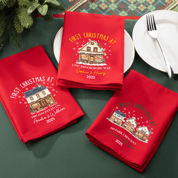 Personalized First Christmas At House 100% Cotton Red Napkin with Names Address and Year Table Decor Christmas Gift for Family Friends New Home Movers