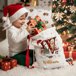 Spersonalizowana czapka Mikołaja Snowman Christmas Hat Initial Canvas Drawstring Gift Bag z imieniem Christmas Eve Party Gift for Kids Family Friends