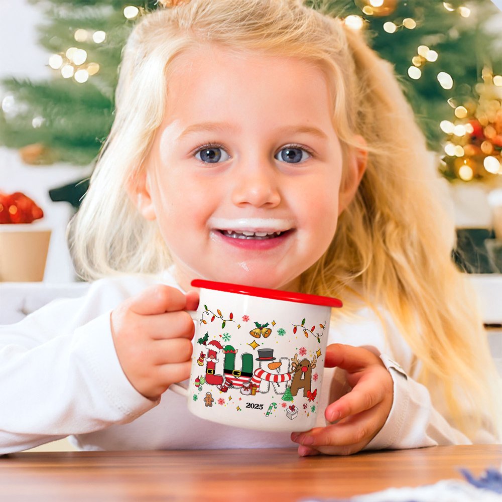 Henkilökohtainen Santa Claus Snowman Elf Poro Design 12 oz emali muki nimellä Päivittäinen käyttö joululahja pojille tytöille 6