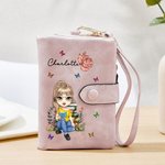 Personalizada de dibujos animados de lectura de caracteres de nacimiento de flores de tres pliegues de cuero de la PU pulsera de la cartera con titular de la tarjeta y el nombre de regalo de cumpleaño
