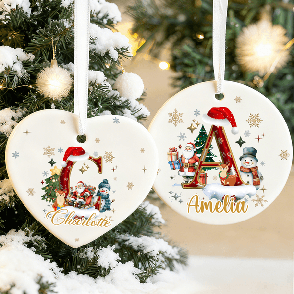 Personalized Cute Santa Claus Snowman Initial Ceramic Christmas Ornament with Name Tree Decor Christmas Gift for Friends Family