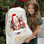 Spersonalizowana czapka Mikołaja Snowman Christmas Hat Initial Canvas Drawstring Gift Bag z imieniem Christmas Eve Party Gift for Kids Family Friends