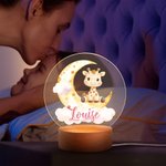 Veilleuse LED Acrylique Personnalisée avec Nom et Motif d'Animal Décoration de Chambre avec Socle en Bois Cadeau Anniversaire Noël pour Enfant Bébé