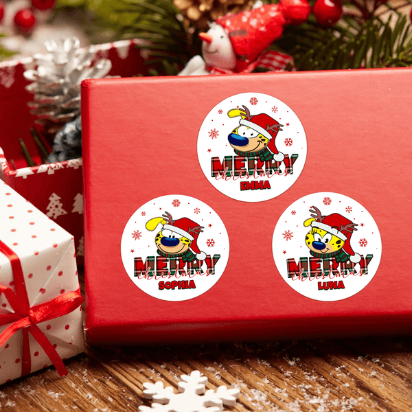 Personalized Christmas Long Tailed Marsupilami Set of 2 Waterproof Stickers Labels with Name Christmas Gift for Family Kids | Callie × Marsupilami®