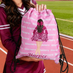 Personalizzato Cartoon Cheerleader impermeabile resistente all'usura Borsa con coulisse con nome della squadra Cheer Practice Senior Night Game Day Regalo per le cheerleader