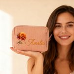 Personalisierte Retro Edelstein Geburt Blume Streifen große Kapazität Kosmetiktasche mit Namen Reise Essentials Brautjungfer Geburtstag Geschenk für Frauen