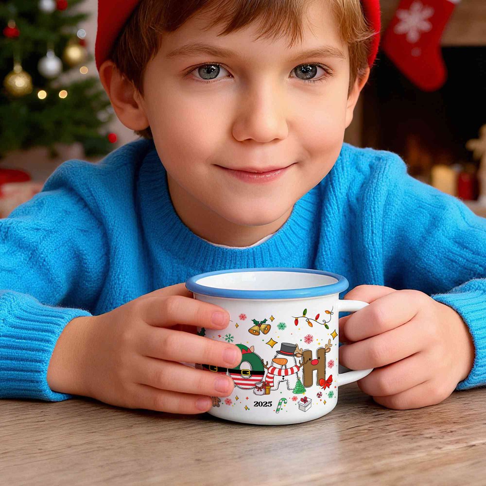 Henkilökohtainen Santa Claus Snowman Elf Poro Design 12 oz emali muki nimellä Päivittäinen käyttö joululahja pojille tytöille 7