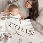 Personalized Retro Style Ocean Animals Soft Throw Blanket with Name Nusery Decor Birthday Baby Shower Christmas Gift for Newborns Kids