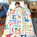 Personalised Cartoon Rainbow Dinosaur Design Word Cloud Soft Throw Blanket with Initial and Name Birthday Christmas Gift for Boys Girls