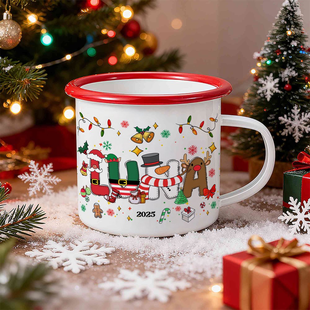 Henkilökohtainen Santa Claus Snowman Elf Poro Design 12 oz emali muki nimellä Päivittäinen käyttö joululahja pojille tytöille 2
