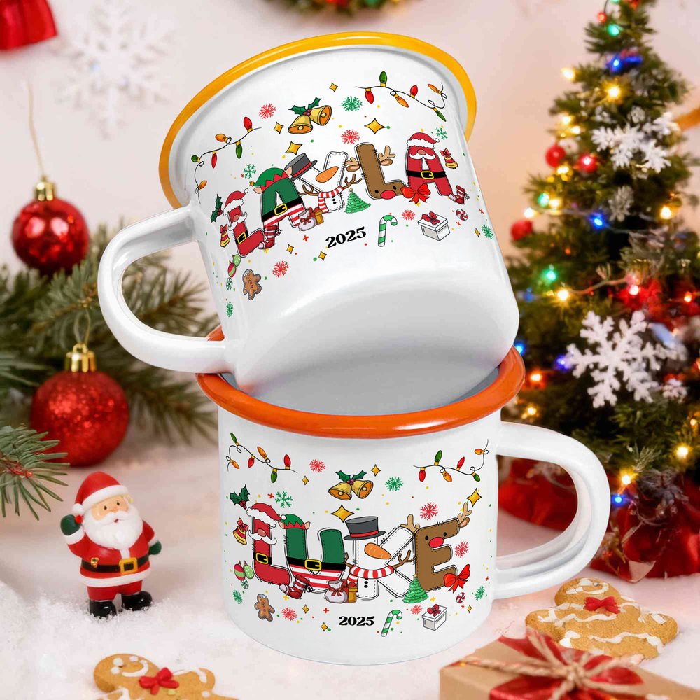 Henkilökohtainen Santa Claus Snowman Elf Poro Design 12 oz emali muki nimellä Päivittäinen käyttö joululahja pojille tytöille 4