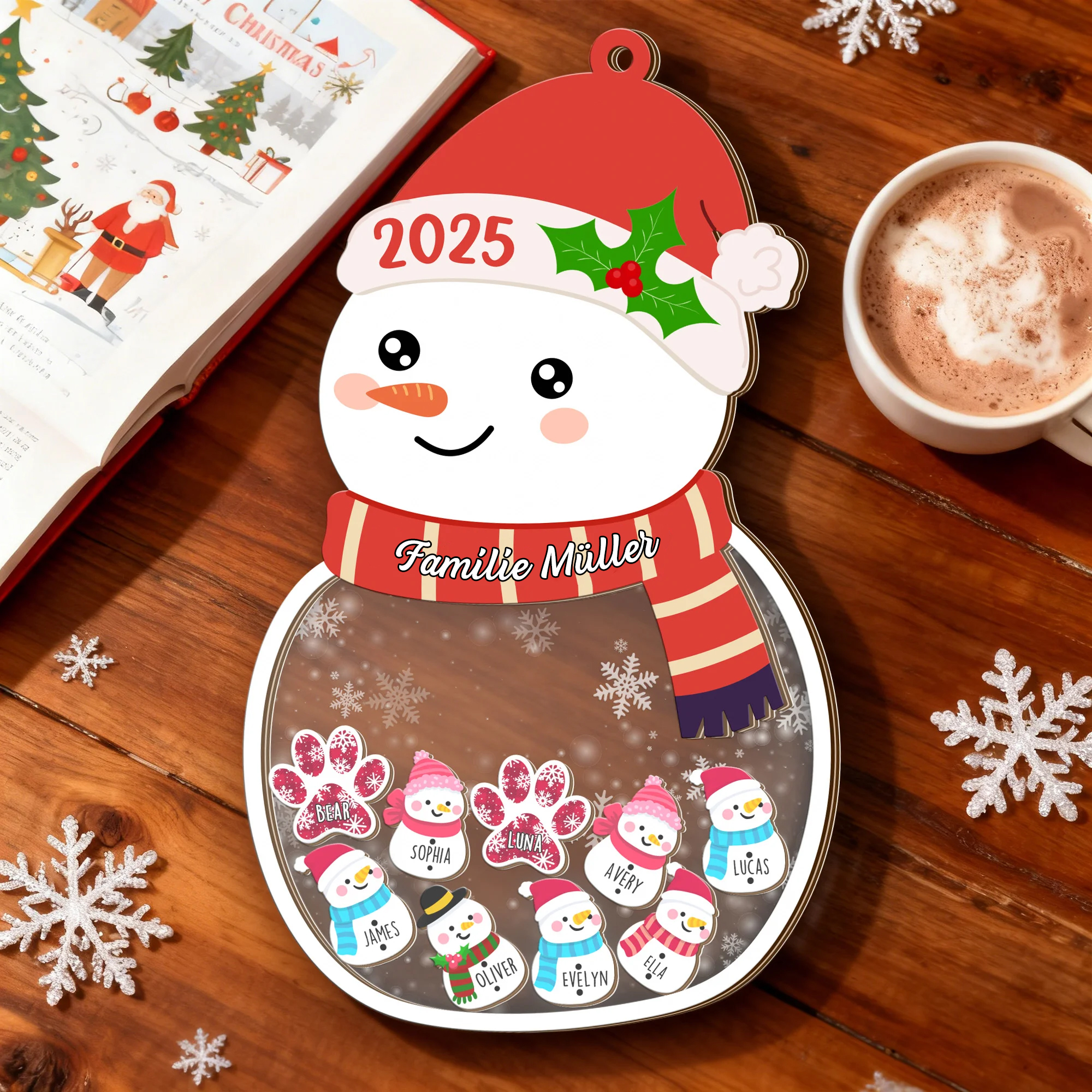Personalisierter 2025 Weihnachtsbaumschmuck aus Holz mit Anhänger-Teilen in Pfoten- oder Schneemannform und 1–13 Namen Weihnachtsgeschenk für Familie
