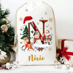 Spersonalizowana czapka Mikołaja Snowman Christmas Hat Initial Canvas Drawstring Gift Bag z imieniem Christmas Eve Party Gift for Kids Family Friends