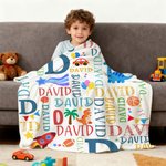 Personalised Cartoon Rainbow Dinosaur Design Word Cloud Soft Throw Blanket with Initial and Name Birthday Christmas Gift for Boys Girls