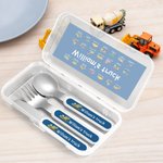 Personalised Multicolour Construction Lorry Safe Stainless Steel Fork Spoon Knife 3 Pcs Cutlery Set with Name and Case Birthday Gift for Boys Girls