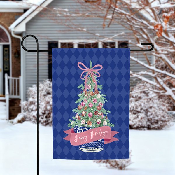 Personalized Chinoiserie Vintage Christmas Tree Garden Flag with Name amd Initial Outdoor Decor Christmas Gift for Family Gardening Lovers