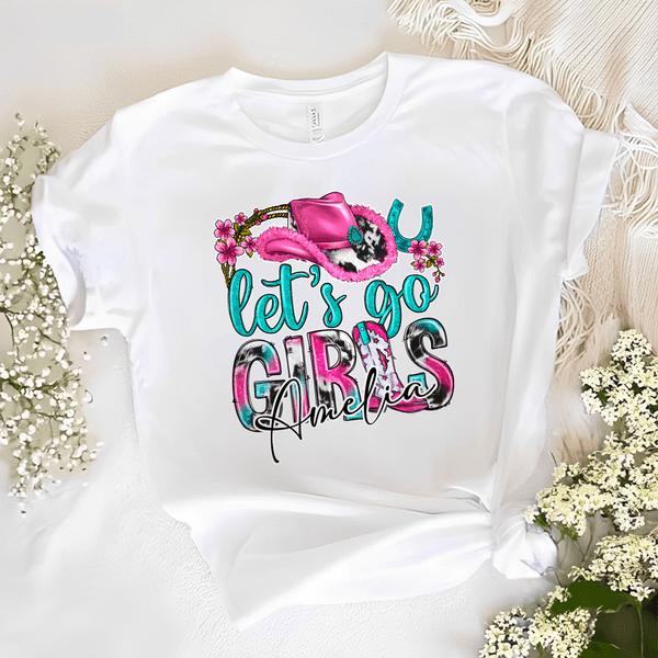 Personalised Let's Go Girls Cowboy Hat Horseshoe Boot Multicolour T-shirt Sweatshirt with Name Birthday Christmas Gift for Women