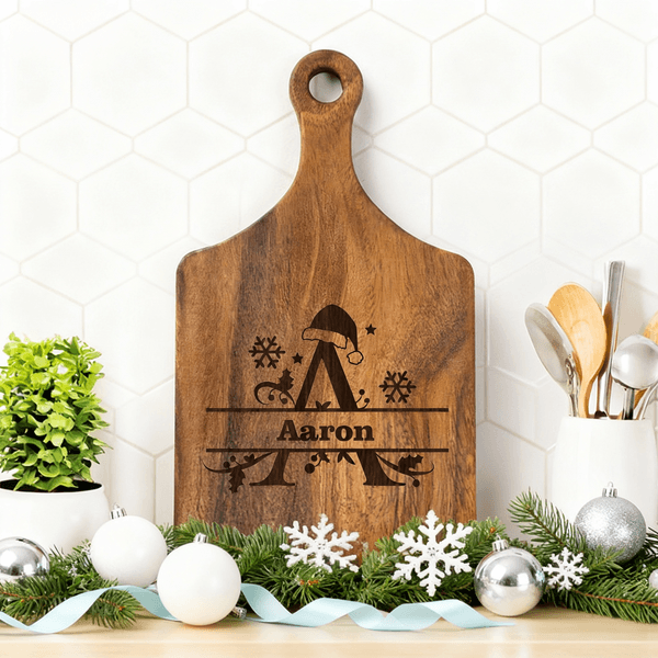 Personalized Snowflake Christmas Hat Initial Name Wood Charcuterie Cutting Board with Handle Made in USA Home Decor Housewarming Gift for Family