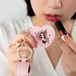 Personalised Cartoon Character Birth Flower Lipstick Storage Case Keychain with Name and Heart-Shaped Mirror Birthday Anniversary Gift for Women