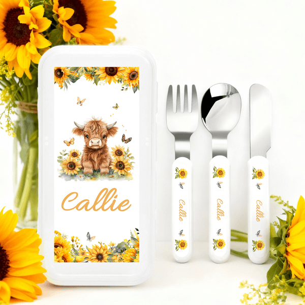 Personalized Cute Highland Cow Sunflower Fork Spoon Knife 3 Pcs Cutlery Set with Name and Case Christmas Birthday Gift for Boys Girls