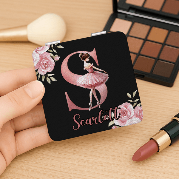 Personalized Ballerina Alphabet Floral Double-Sided 1X 2X PU Leather Makeup Mirror with Name and Initial Birthday Anniversary Gift for Ballet Lovers