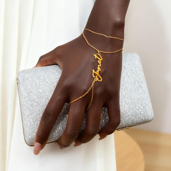Personalised Bohemian Style Adjustable Hand Chain Bracelet Dainty Jewellery with Name and Finger Ring Birthday Valentine's Day Gift for Women