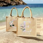 Personalisierte Perlmutt Effekt Geburt Blume Initial Jute Tote Tasche mit Namen Geburtstag Weihnachten Jahrestag Geschenk für Frauen Familie Freunde