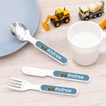 Personalised Multicolour Construction Lorry Safe Stainless Steel Fork Spoon Knife 3 Pcs Cutlery Set with Name and Case Birthday Gift for Boys Girls