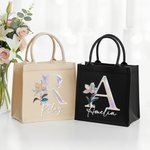 Personalisierte Perlmutt Effekt Geburt Blume Initial Jute Tote Tasche mit Namen Geburtstag Weihnachten Jahrestag Geschenk für Frauen Familie Freunde