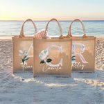 Personalisierte Perlmutt Effekt Geburt Blume Initial Jute Tote Tasche mit Namen Geburtstag Weihnachten Jahrestag Geschenk für Frauen Familie Freunde