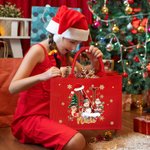Personalized Santa Claus Reindeer Snowman Christmas Tree Initial Red Jute Tote Bag with Name Christmas Eve Party Gift for Girls Boys Kids