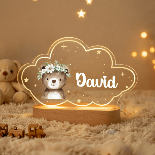 Personalised Cute Animals Star Cloud Style Acrylic LED Night Light with Name and Wooden Base Nursery Decor Birthday Christmas Gift for Kid Newborn