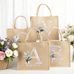 Personalised Mother of Pearl Effect Birth Flower Initial Jute Tote Bag with Name Birthday Christmas Anniversary Gift for Women Family Friends