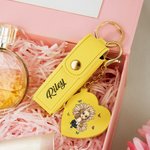 Personalised Cartoon Character Birth Flower Lipstick Storage Case Keychain with Name and Heart-Shaped Mirror Birthday Anniversary Gift for Women
