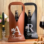 Personalized Pearl Effect Birth Flower Initial PU Leather Protective Wine Bag with Name Mother's Day Wedding Party Anniversary Gift for Wine Lovers