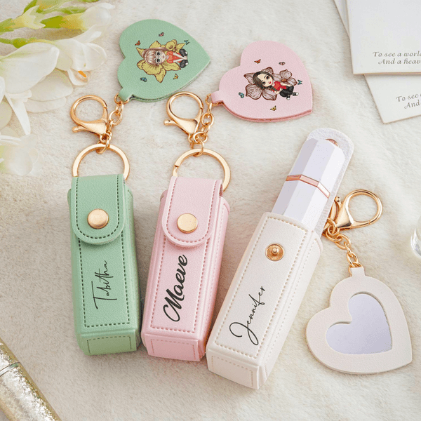 Personalizzato personaggio dei cartoni animati nascita fiore rossetto custodia portachiavi con nome e specchio a forma di cuore regalo di compleanno anniversario per le donne