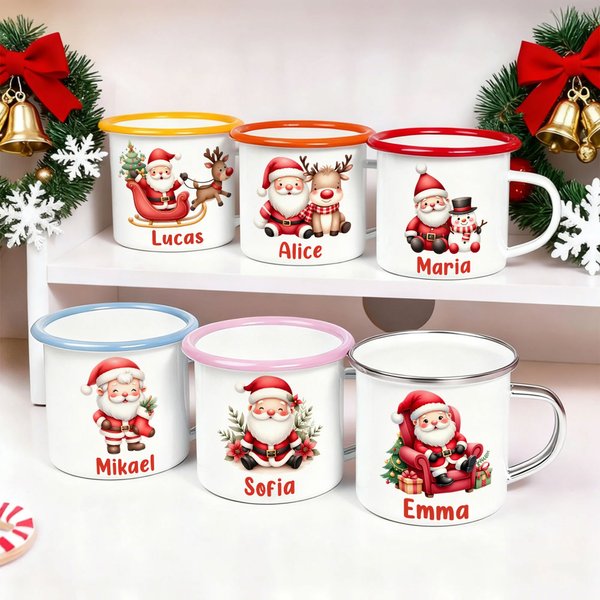 Personlig julklapp med tomte emaljmugg flerfärgad 355 ml kan anpassas med namn julklapp till familj och barn