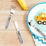 Personalised Multicolour Construction Lorry Safe Stainless Steel Fork Spoon Knife 3 Pcs Cutlery Set with Name and Case Birthday Gift for Boys Girls