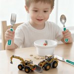 Personalised Multicolour Construction Lorry Safe Stainless Steel Fork Spoon Knife 3 Pcs Cutlery Set with Name and Case Birthday Gift for Boys Girls
