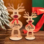 Adorno personalizado de mesa de reno con nariz roja lazo de madera y nombre regalo de Navidad y decoración para familia y niños