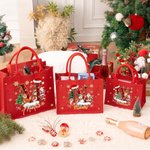Personalized Santa Claus Reindeer Snowman Christmas Tree Initial Red Jute Tote Bag with Name Christmas Eve Party Gift for Girls Boys Kids