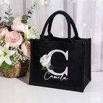 Personalisierte Perlmutt Effekt Geburt Blume Initial Jute Tote Tasche mit Namen Geburtstag Weihnachten Jahrestag Geschenk für Frauen Familie Freunde