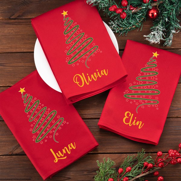 Gepersonaliseerde Kerstboom 100% Katoen Rode Servetten met Naam Tafeldecoratie Kerstfeest Cadeau voor Familie en Vrienden