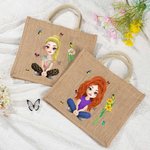 Personalized Funny 3D Cartoon Character Birth Flower Jute Tote Bag with Name Birthday Anniversary Gift for Women Girls