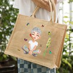 Personalized Funny 3D Cartoon Character Birth Flower Jute Tote Bag with Name Birthday Anniversary Gift for Women Girls