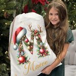 Personalised Cute Reindeer Santa Hat Initial Canvas Drawstring Gift Bag with Name Christmas Gift for Friends Family
