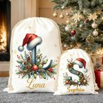 Personalised Cute Reindeer Santa Hat Initial Canvas Drawstring Gift Bag with Name Christmas Gift for Friends Family